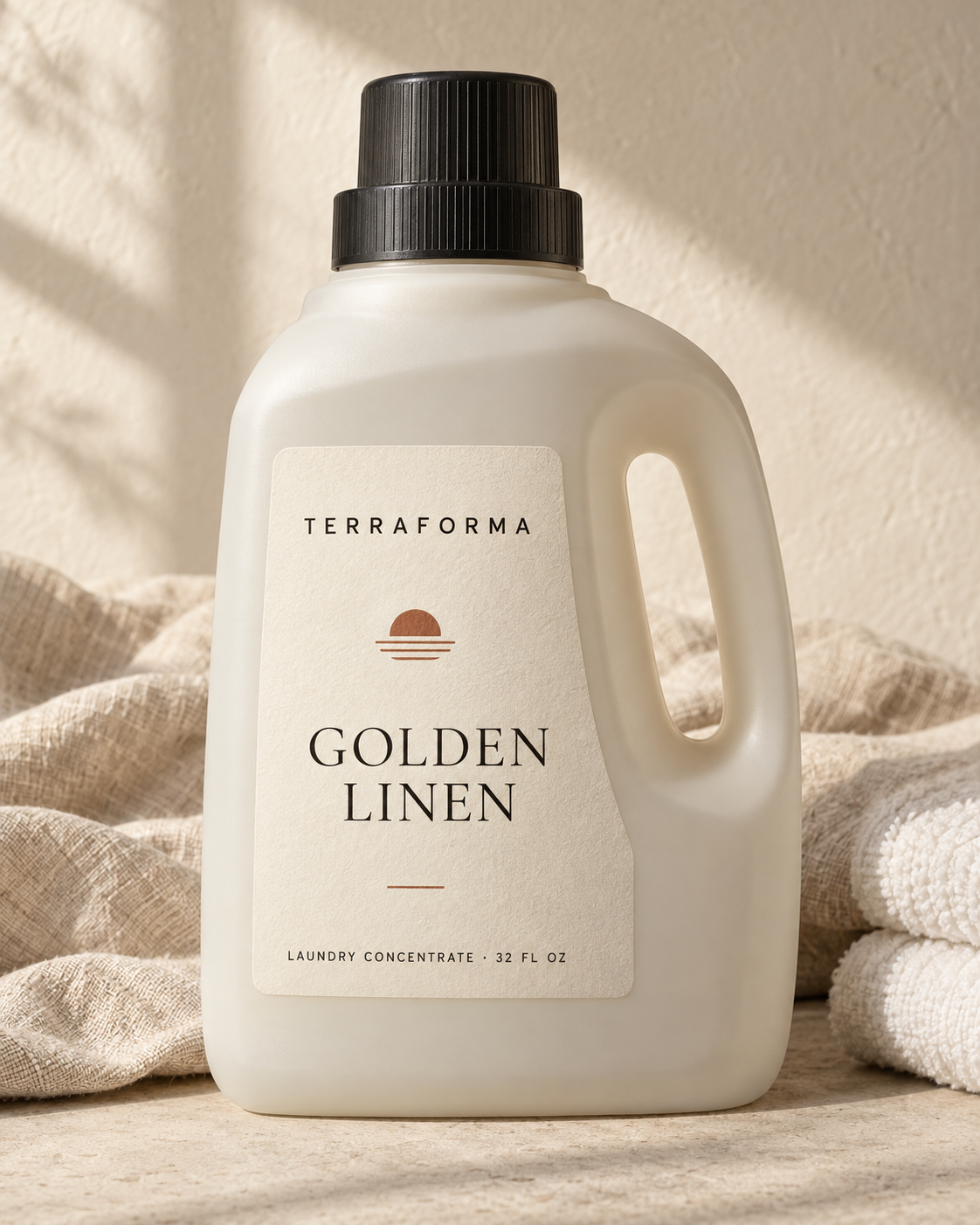 Terraforma Golden Linen laundry concentrate bottle beside folded ivory linens